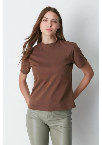 %100 Organik Pamuk Kadın Kahverengi Basic Ribana'lı Dik Yaka Örme T-Shirt Yarım Balıkçı fiyatları