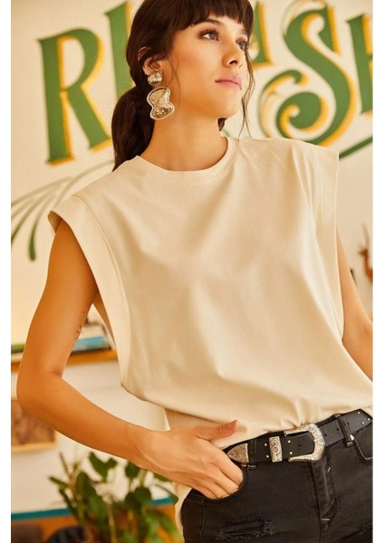 Bej %100 Pamuk Vatka Görünümlü Basic Bisiklet Yaka Örme T-Shirt