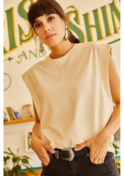 Bej %100 Pamuk Vatka Görünümlü Basic Bisiklet Yaka Örme T-Shirt modelleri