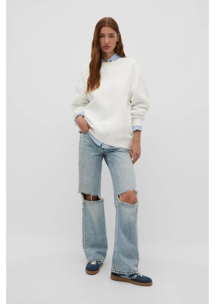 %100 Pamuk Kadın Ekru 3 Iplik Basic Oversize Bisiklet Yaka Uzun Kol Sweatshirt Yüksek Kalite