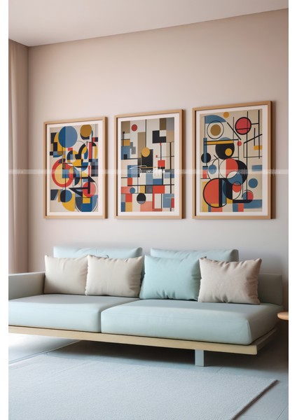 Renkli Geometrik Desenli 3'lü Ahşap Tablo Seti 21 x 30