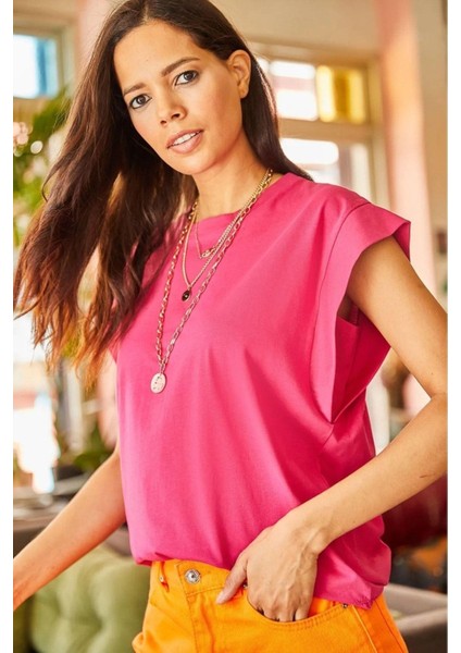 Fuşya %100 Pamuk Vatka Görünümlü Basic Bisiklet Yaka Örme T-Shirt