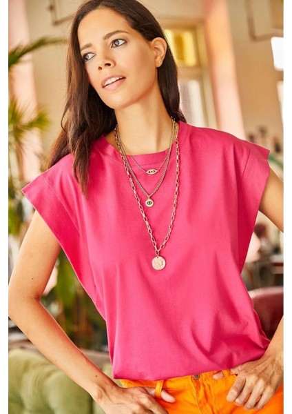 Fuşya %100 Pamuk Vatka Görünümlü Basic Bisiklet Yaka Örme T-Shirt fiyatları