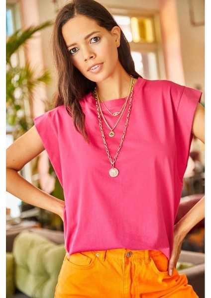 Fuşya %100 Pamuk Vatka Görünümlü Basic Bisiklet Yaka Örme T-Shirt modelleri