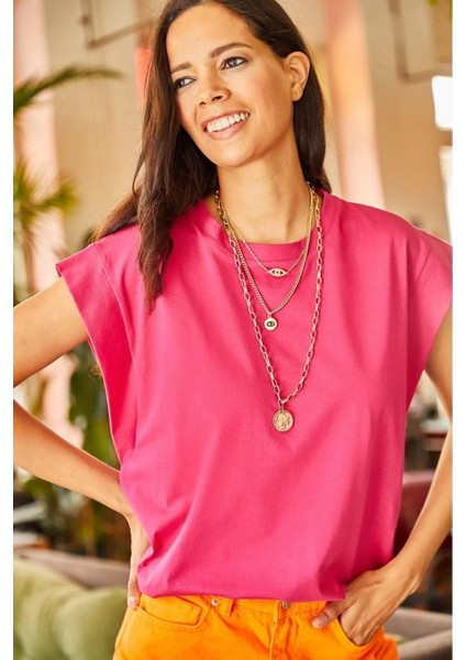 Fuşya %100 Pamuk Vatka Görünümlü Basic Bisiklet Yaka Örme T-Shirt indirimleri