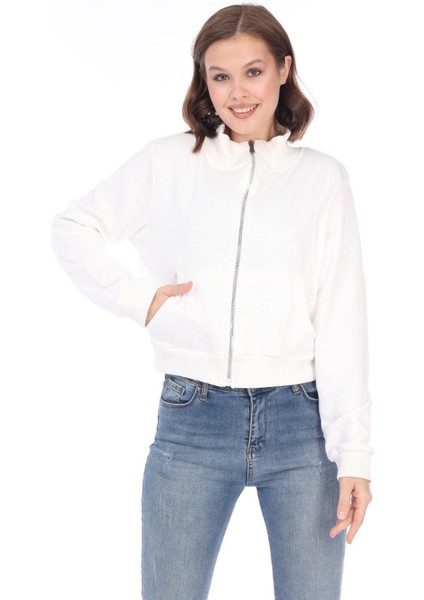Kadın Pamuk Ekru Şardonsuz 3 Iplik Yumuşak Dokulu Fermuarlı Dik Yaka Sweatshirt