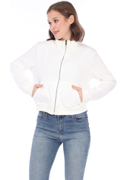 Kadın Pamuk Ekru Şardonsuz 3 Iplik Yumuşak Dokulu Fermuarlı Dik Yaka Sweatshirt fiyatları