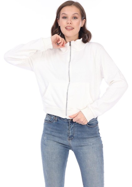 Kadın Pamuk Ekru Şardonsuz 3 Iplik Yumuşak Dokulu Fermuarlı Dik Yaka Sweatshirt modelleri