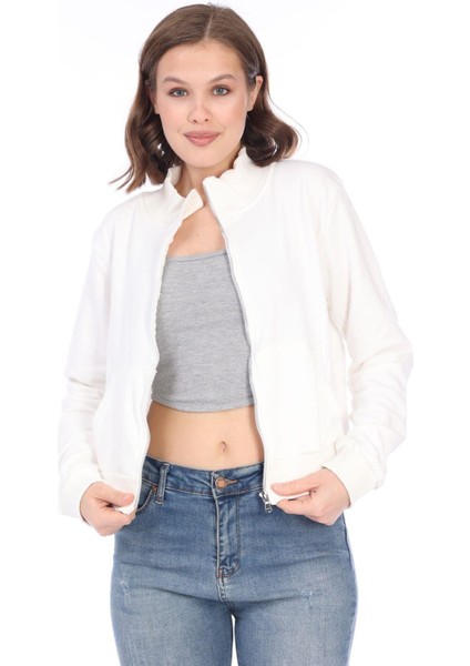 Kadın Pamuk Ekru Şardonsuz 3 Iplik Yumuşak Dokulu Fermuarlı Dik Yaka Sweatshirt fırsatları