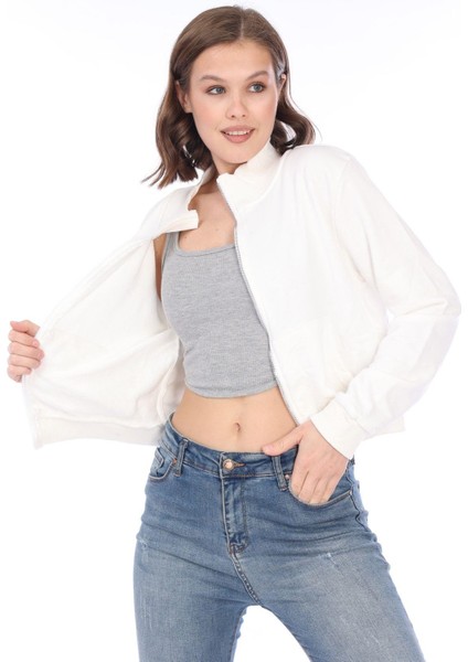 Kadın Pamuk Ekru Şardonsuz 3 Iplik Yumuşak Dokulu Fermuarlı Dik Yaka Sweatshirt indirimleri