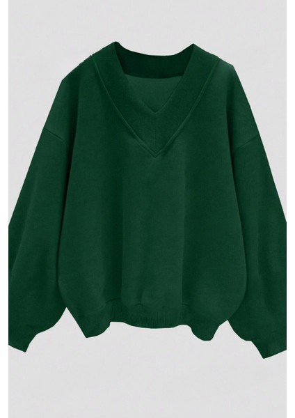 Kadın 3 Iplik Yeşil Düz V Yaka Oversize Sweatshirt