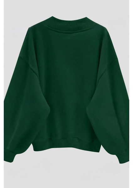 Kadın 3 Iplik Yeşil Düz V Yaka Oversize Sweatshirt