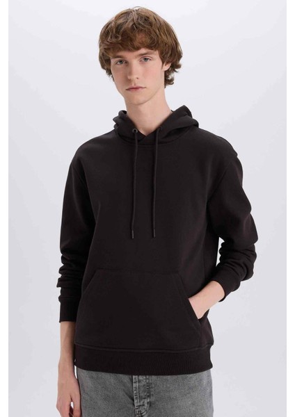 Regular Fit Kapüşonlu Kanguru Cepli İçi Yumuşak Tüylü Basic Düz Sweatshirt X8283AZ24AU