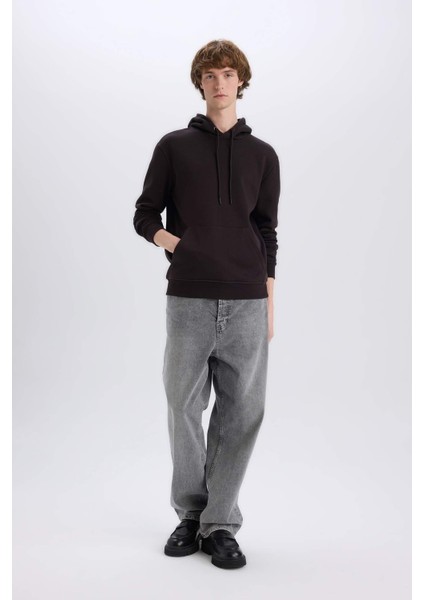 Regular Fit Kapüşonlu Kanguru Cepli İçi Yumuşak Tüylü Basic Düz Sweatshirt X8283AZ24AU