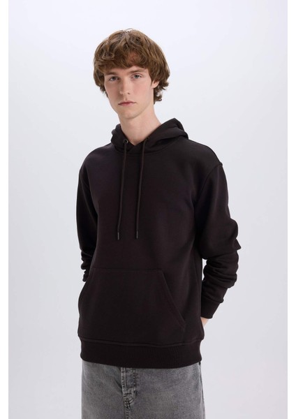 Regular Fit Kapüşonlu Kanguru Cepli İçi Yumuşak Tüylü Basic Düz Sweatshirt X8283AZ24AU