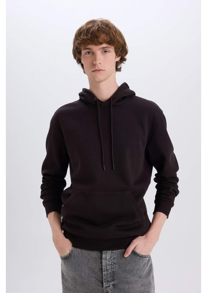 Regular Fit Kapüşonlu Kanguru Cepli İçi Yumuşak Tüylü Basic Düz Sweatshirt X8283AZ24AU