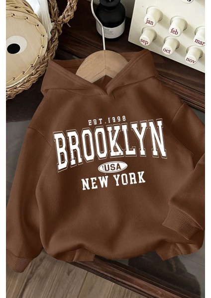 3 Iplik Kahverengi Oversize Brooklyn Usa Newyork Baskılı Kapüşonlu Sweatshirt Hoodie