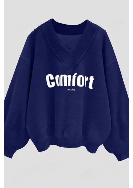 Kadın 3 Iplik Lacivert Yeşil Vizon 3'lü Comfort In Paris Baskılı V Yaka Oversize Sweatshirt