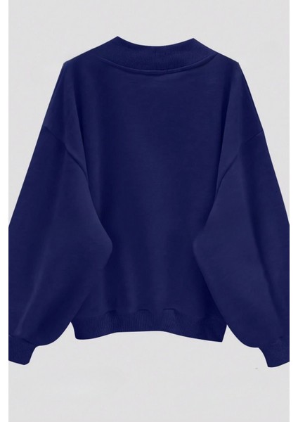 Kadın 3 Iplik Lacivert Comfort In Paris Baskılı V Yaka Oversize Sweatshirt