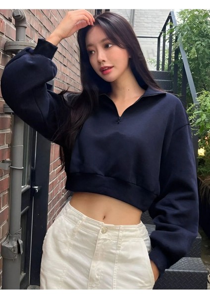 Kadın Lacivert 3 Iplik Yarım Fermuarlı Oversize Crop Sweatshirt