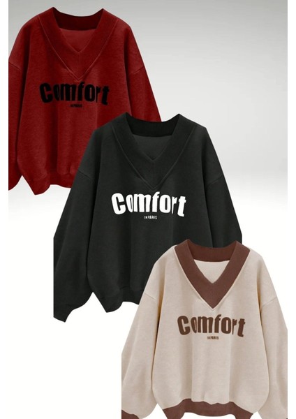 Kadın 3 Iplik Kırmızı Siyah Bej 3'lü Comfort In Paris Baskı V Yaka Oversize Sweatshirt