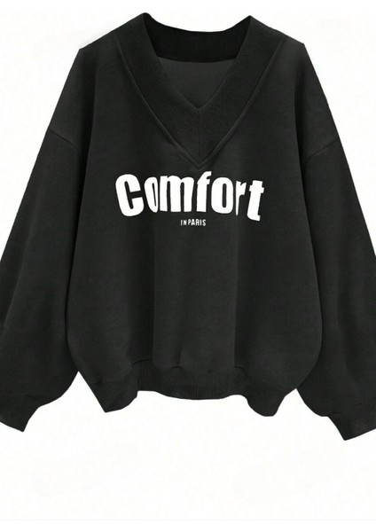 Kadın 3 Iplik Kırmızı Siyah Bej 3'lü Comfort In Paris Baskı V Yaka Oversize Sweatshirt