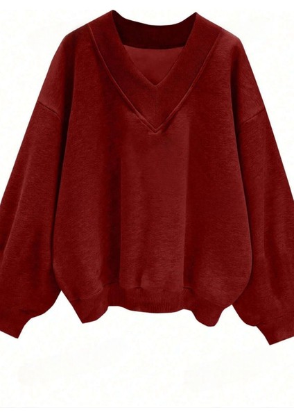 Kadın 3 Iplik Kırmızı Düz V Yaka Oversize Sweatshirt