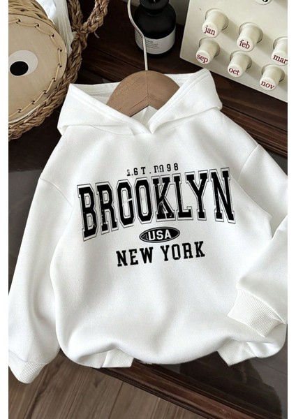 3 Iplik Beyaz Oversize Brooklyn Usa Newyork Baskılı Kapüşonlu Sweatshirt Hoodie