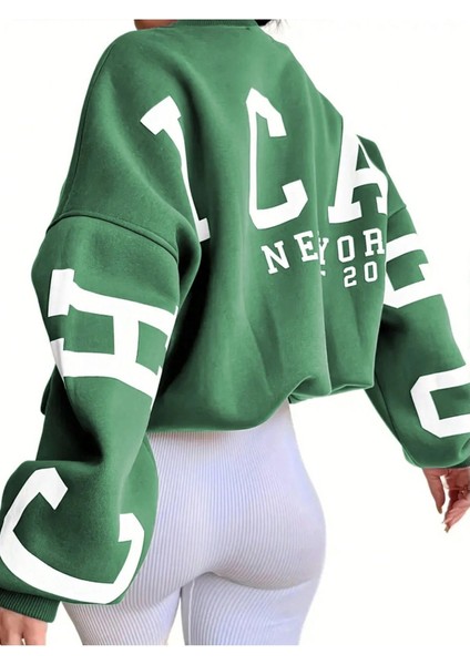 Kadın 3 Iplik Nefti Yeşili Kolları Chicago Baskılı Oversize Bisiklet Yaka Sweatshirt