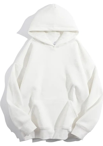 Kadın Beyaz Düz Oversize Kapüşonlu Sweatshirt Hodie