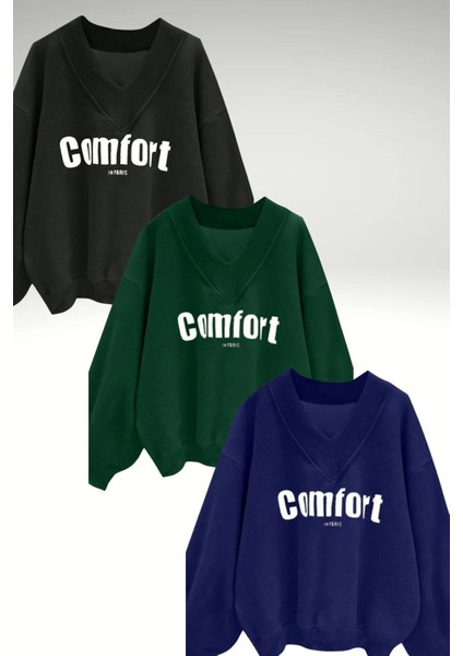 Kadın 3 Iplik Siyah Yeşil Lacivert 3'lü Comfort In Paris Baskılı V Yaka Oversize Sweatshirt