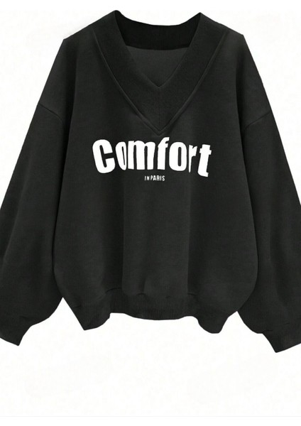 Kadın 3 Iplik Siyah Yeşil Lacivert 3'lü Comfort In Paris Baskılı V Yaka Oversize Sweatshirt fiyatları