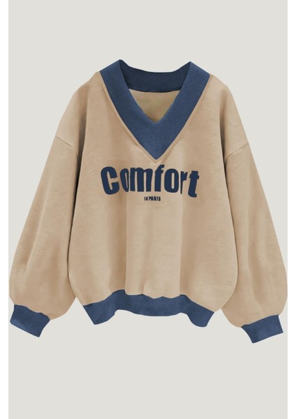Kadın 3 Iplik Vizon Comfort In Paris Baskılı V Yaka Oversize Sweatshirt