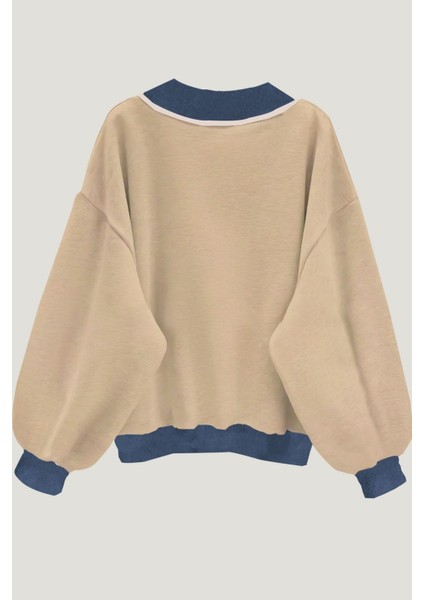 Kadın 3 Iplik Vizon Comfort In Paris Baskılı V Yaka Oversize Sweatshirt