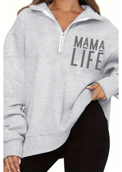 Kadın Grimenaj Mama Life Baskılı Oversize Yarım Fermuarlı Sweatshirt modelleri