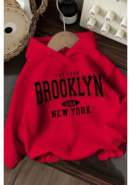 3 Iplik Kırmızı Oversize Brooklyn Usa Newyork Baskılı Kapüşonlu Sweatshirt Hoodie