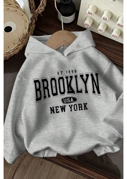 Gri Oversize Brooklyn Usa Newyork Baskılı Kapüşonlu Sweatshirt Hoodie