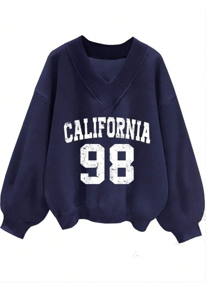 Kadın 3 Iplik Lacivert California 98 Baskılı V Yaka Oversize Sweatshirt