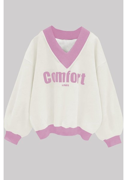 Kadın 3 Iplik Beyaz Comfort In Paris Baskılı V Yaka Oversize Sweatshirt