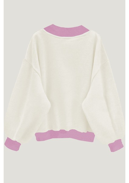 Kadın 3 Iplik Beyaz Comfort In Paris Baskılı V Yaka Oversize Sweatshirt