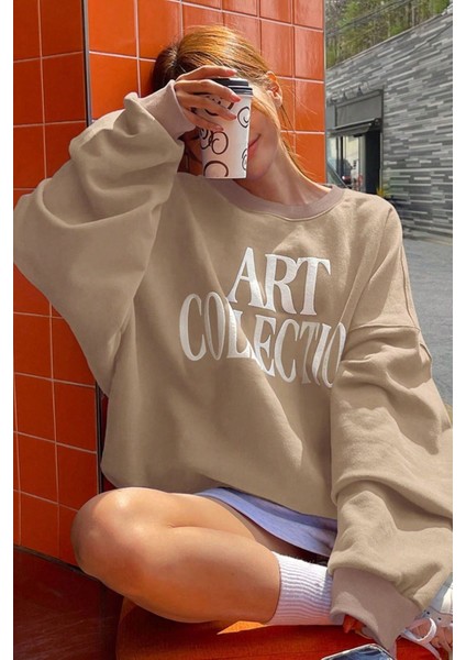 Kadın Vizon Art Collection Baskılı Oversize Bisiklet Yaka Sweatshirt