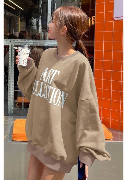 Kadın Vizon Art Collection Baskılı Oversize Bisiklet Yaka Sweatshirt fiyatları