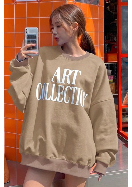 Kadın Vizon Art Collection Baskılı Oversize Bisiklet Yaka Sweatshirt fırsatları