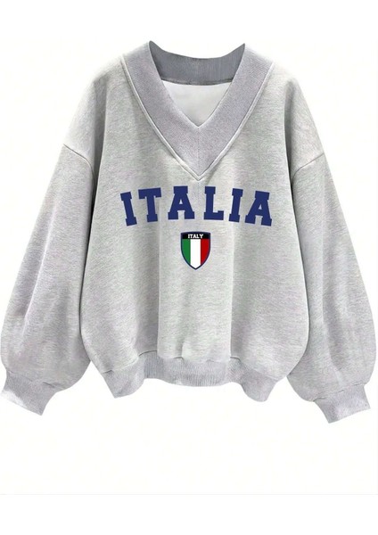 Kadın 3 Iplik Gri Italia Baskılı V Yaka Oversize Sweatshirt