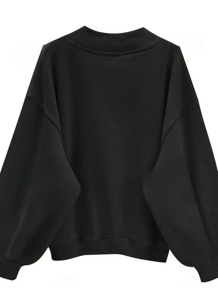 Kadın Siyah Comfort In Paris Baskılı V Yaka Oversize Sweatshirt