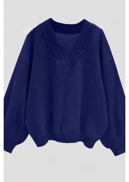 Kadın Lacivert Düz V Yaka Oversize Sweatshirt