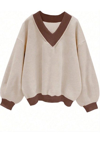 Kadın 3 Iplik Bej Düz V Yaka Oversize Sweatshirt