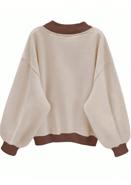 Kadın 3 Iplik Bej Düz V Yaka Oversize Sweatshirt fiyatları