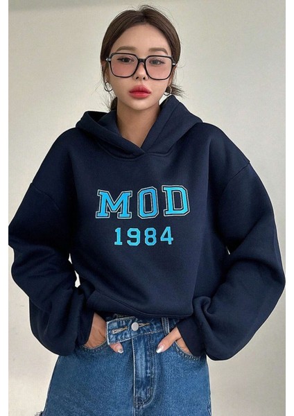 Kadın Lacivert Mod 1984 Baskılı Oversize Kapüşonlu Sweatshirt Hoodie