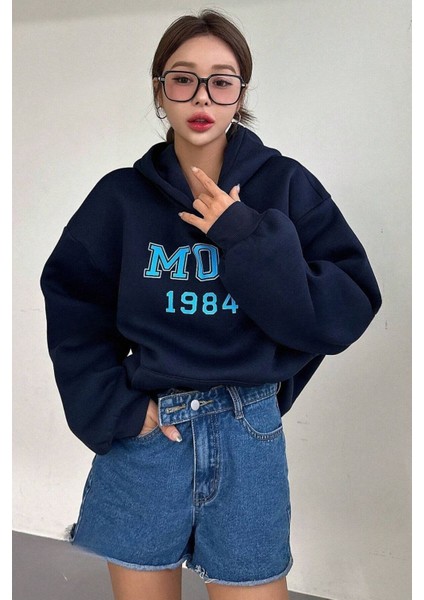 Kadın Lacivert Mod 1984 Baskılı Oversize Kapüşonlu Sweatshirt Hoodie